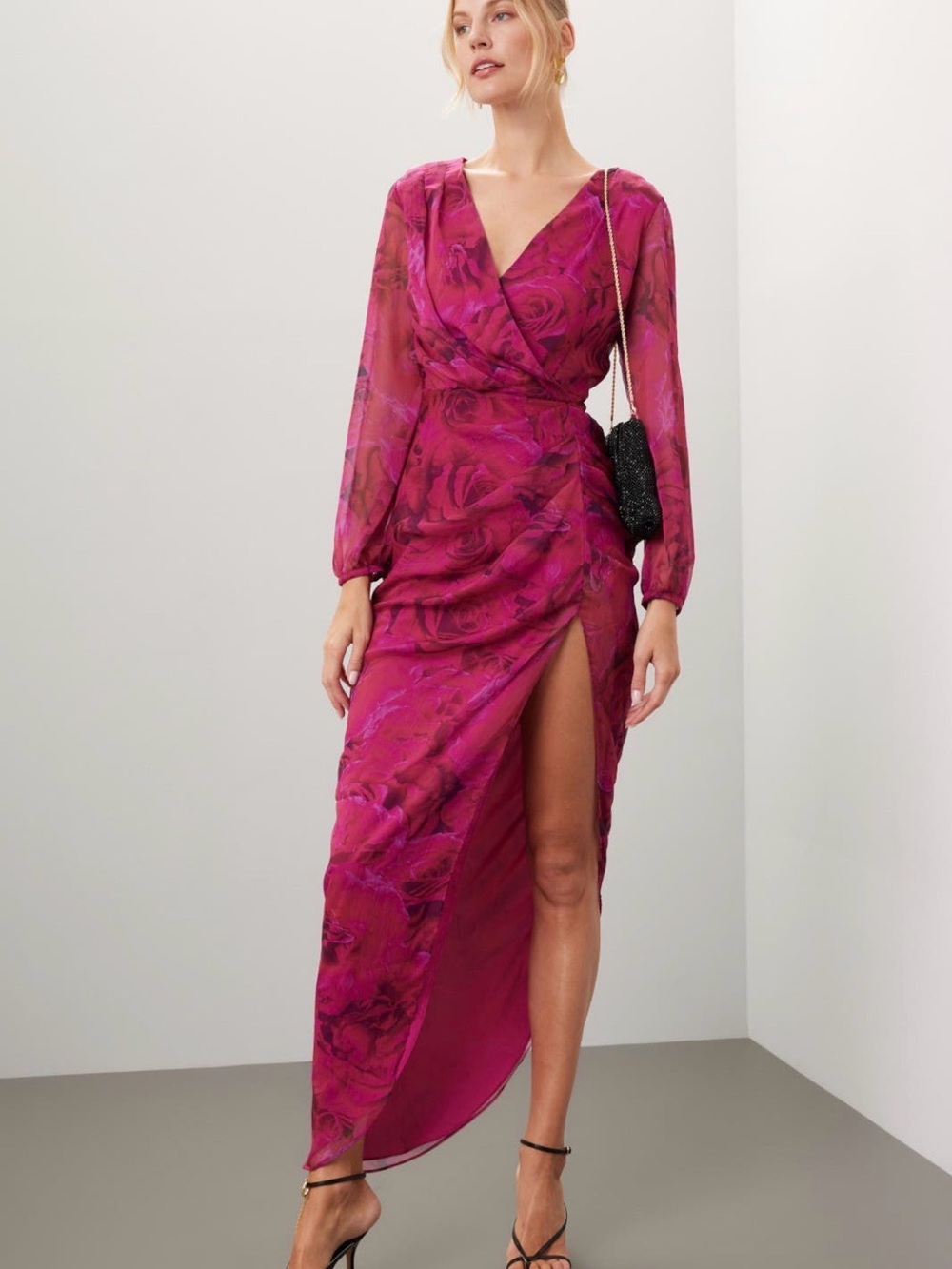 Amanda Uprichard Fuchsia Pink Wrap Maxi Dress with High Slit